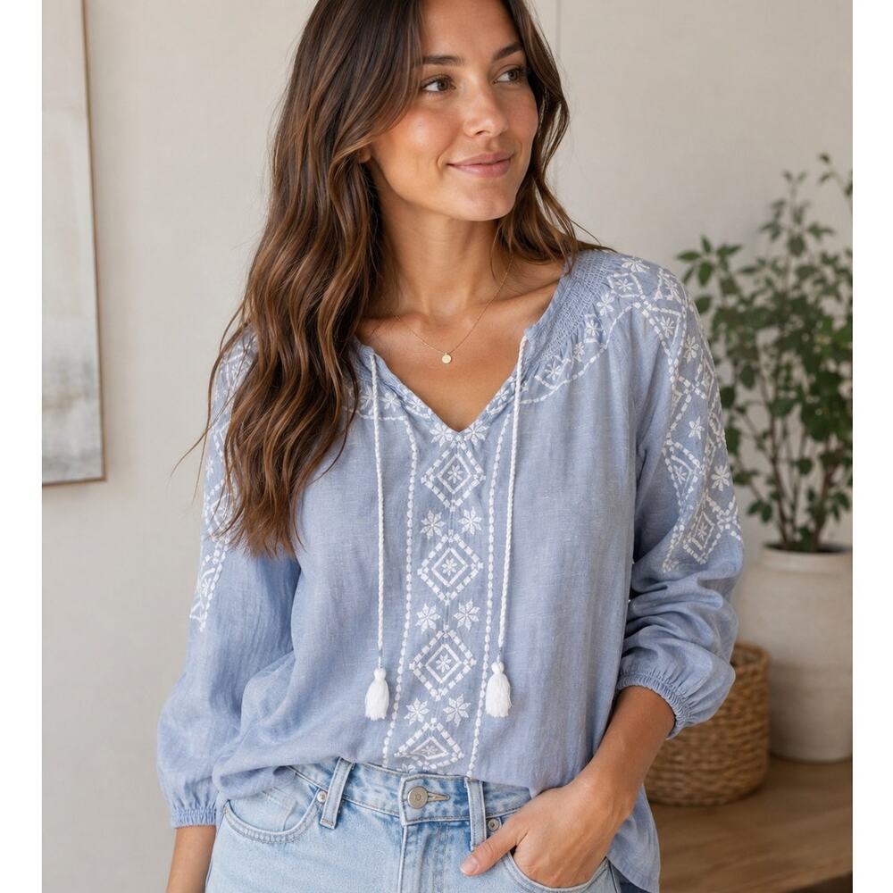 Joie Light Blue 100% Linen Embroidered Peasant Blouse XS Boho Tassel Top